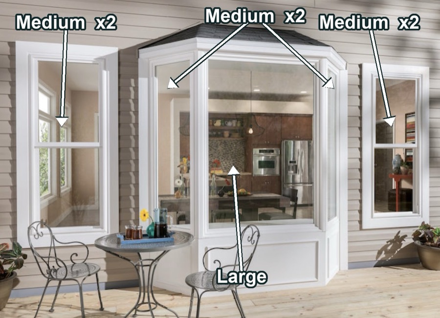 Exterior window counting example showing medium and large windows labeled with arrows