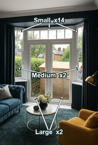 Interior window counting example showing small, medium, and large windows labeled with arrows